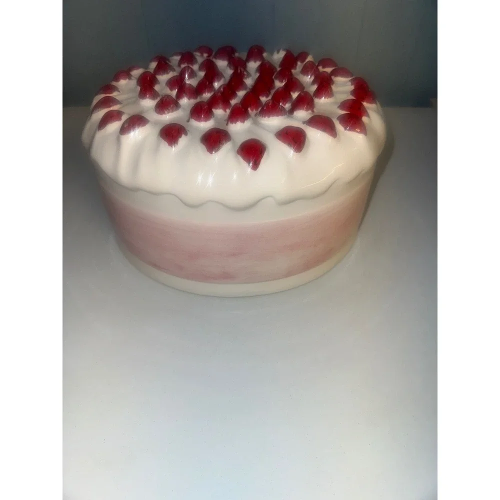 Ceramic Strawberry Cake Top Cover Pink Bow White Frosting Kitschy Kitchen Decor